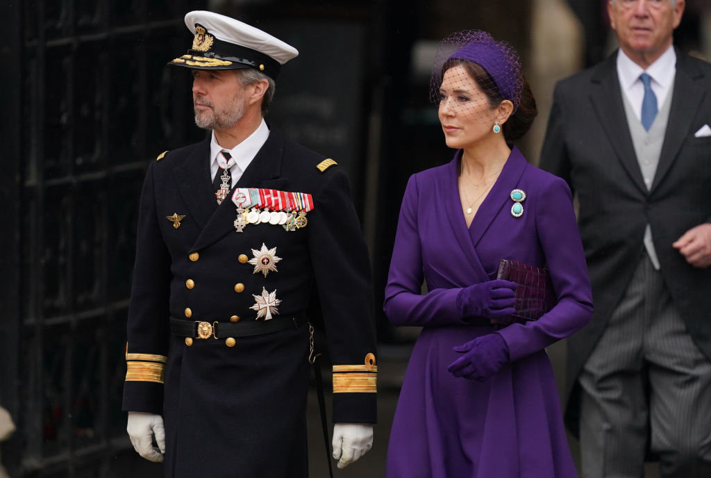 Crown Prince Frederik of Denmark and Mary, Crown Princess of Denmark arriving ahead of the coronation ceremony of King Charles III and Queen Camilla at Westminster Abbey.
