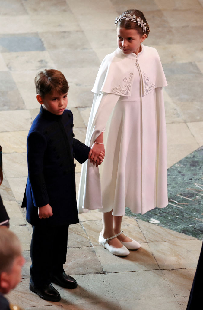 Britain's Princess Charlotte of Wales and Britain's Prince Louis of Wales arrive at Westminster Abbey in central London on May 6, 2023, ahead of the coronations of Britain's King Charles III and Britain's Camilla, Queen Consort.