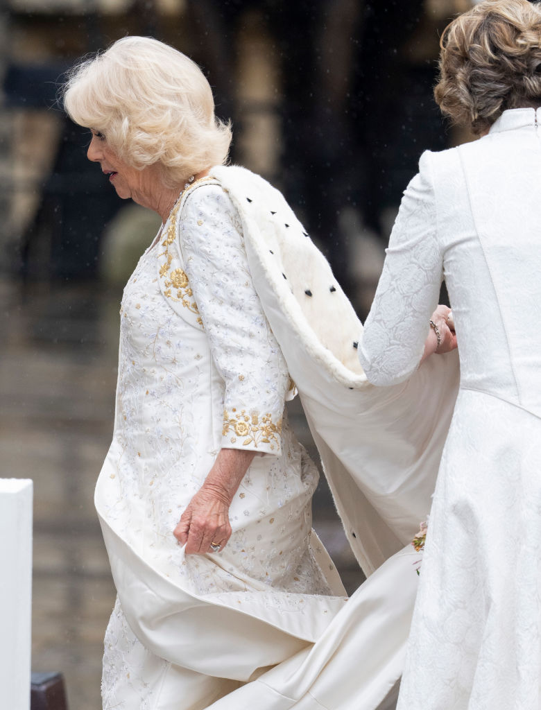 Camilla, Queen Consort arrives at Westminster Abbey for her and King Charles III's coronation on May 6, 2023 in London, England.