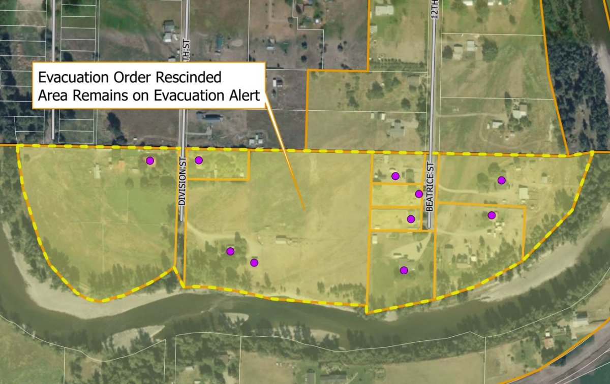 A map showing the 10 properties in the Johnson’s Flats Area under evacuation alert, after an evacuation order was rescinded on Tuesday.