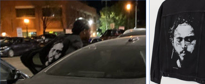 Photo taken the night of October 3, 2021 of a possible witness of a homicide, wearing a jacket that appears to have rapper Post Malone on the back.