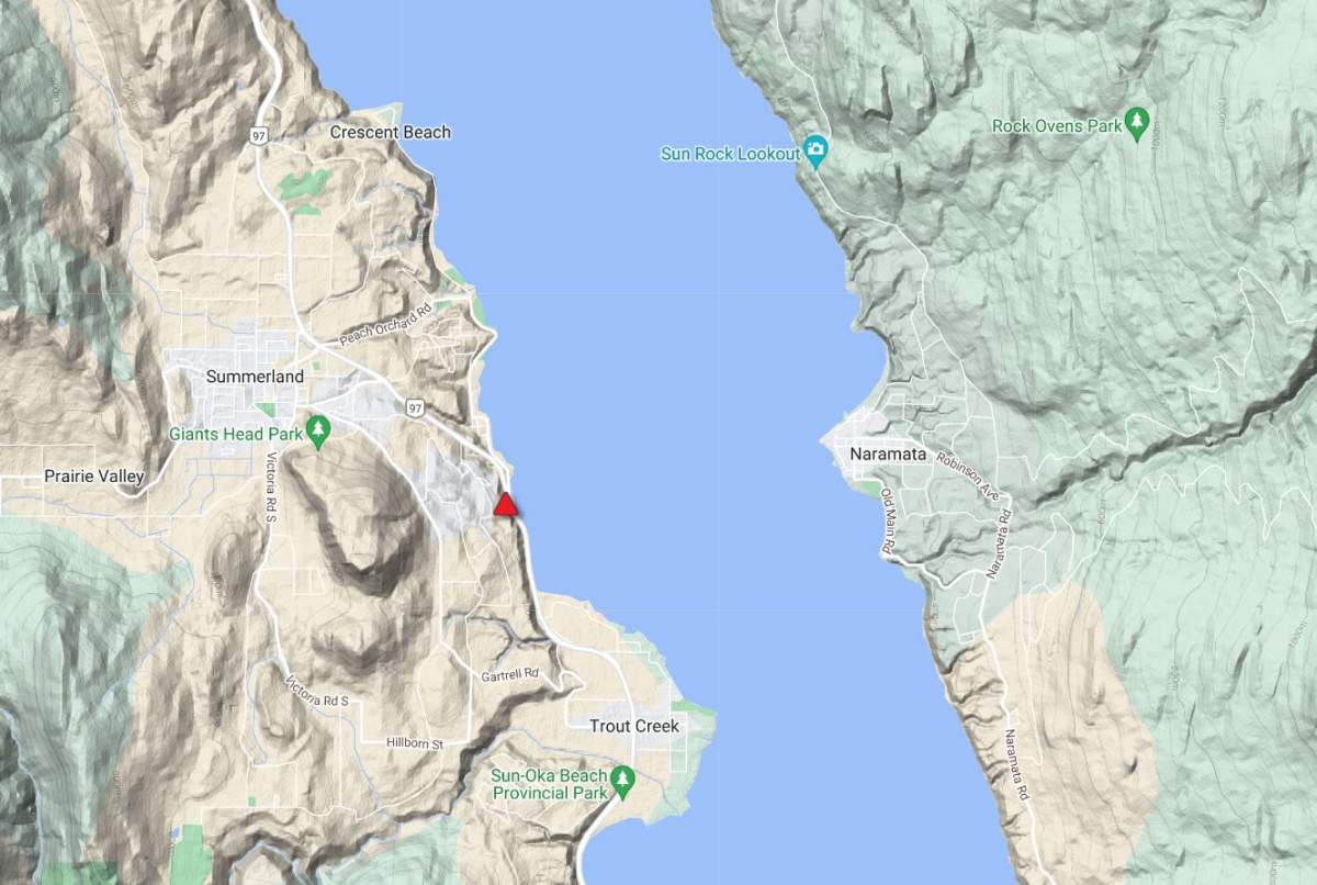 A map showing the site of Wednesday’s landslide along Highway 97 south of Summerland. The road was temporarily closed to traffic before being reopened just before 5 p.m.