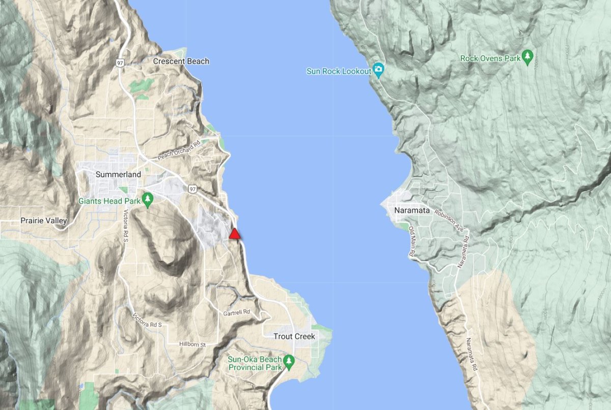 A map showing the site of Wednesday’s landslide along Highway 97 south of Summerland. The road was temporarily closed to traffic before being reopened just before 5 p.m.