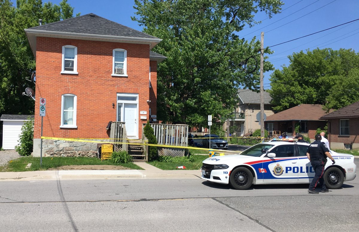 A residence is cordoned off following a reported stabbing in Peterborough, Ont. on May 29, 2023.