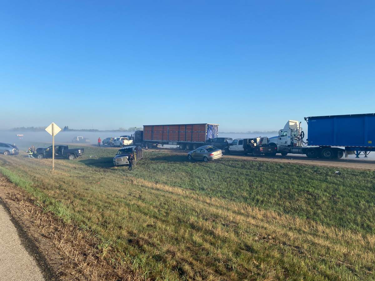A traffic pileup on Highway 14 east of Edmonton on Friday, May 12, 2023, involved 34 vehicles, RCMP said.