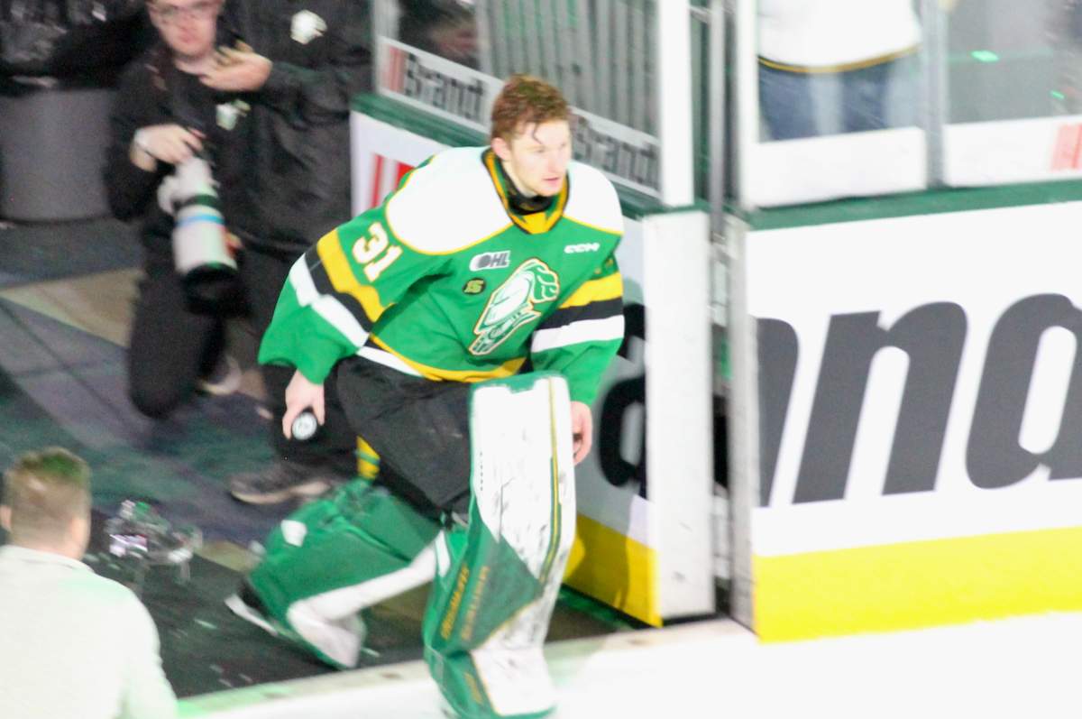 Zach Bowen comes out for his second star honour after making 30 saves against the Sarnia Sting.