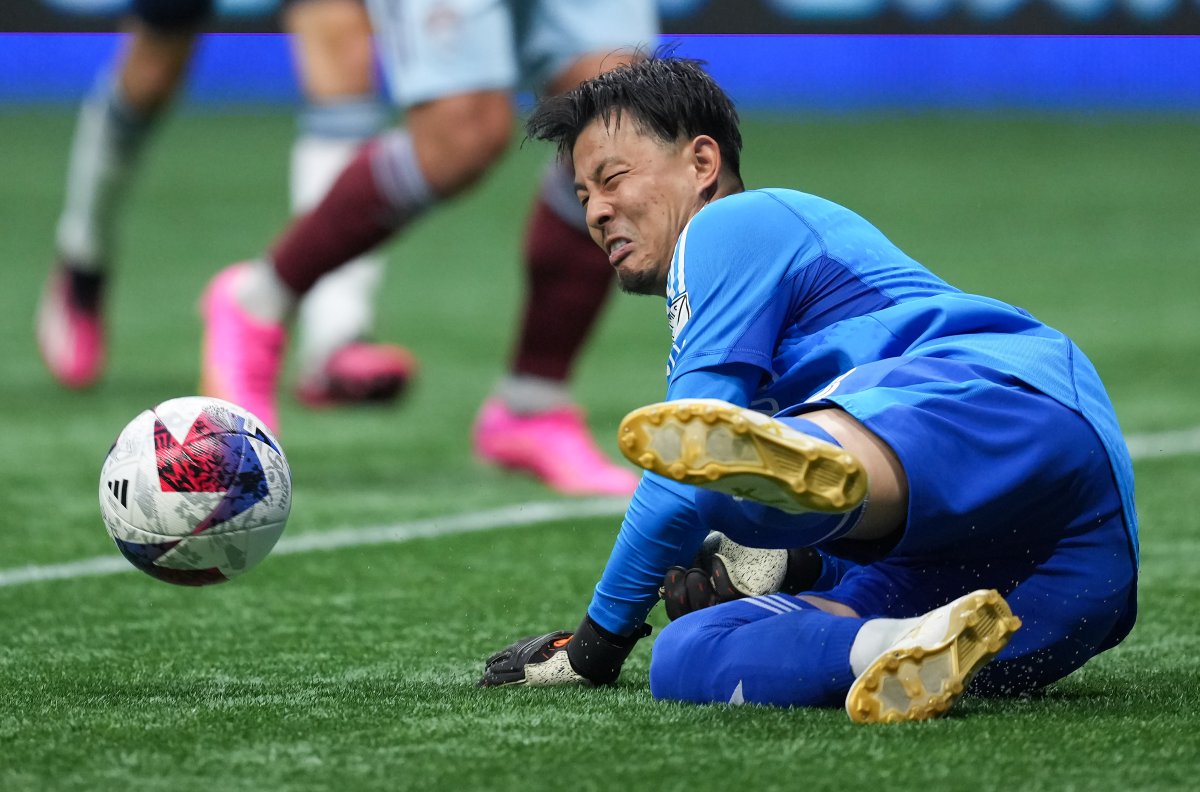 Vancouver Whitecaps goalkeeper Yohei Takaoka makes a save during first-half MLS action against the Colorado Rapids in Vancouver, on Saturday, April 29, 2023.
