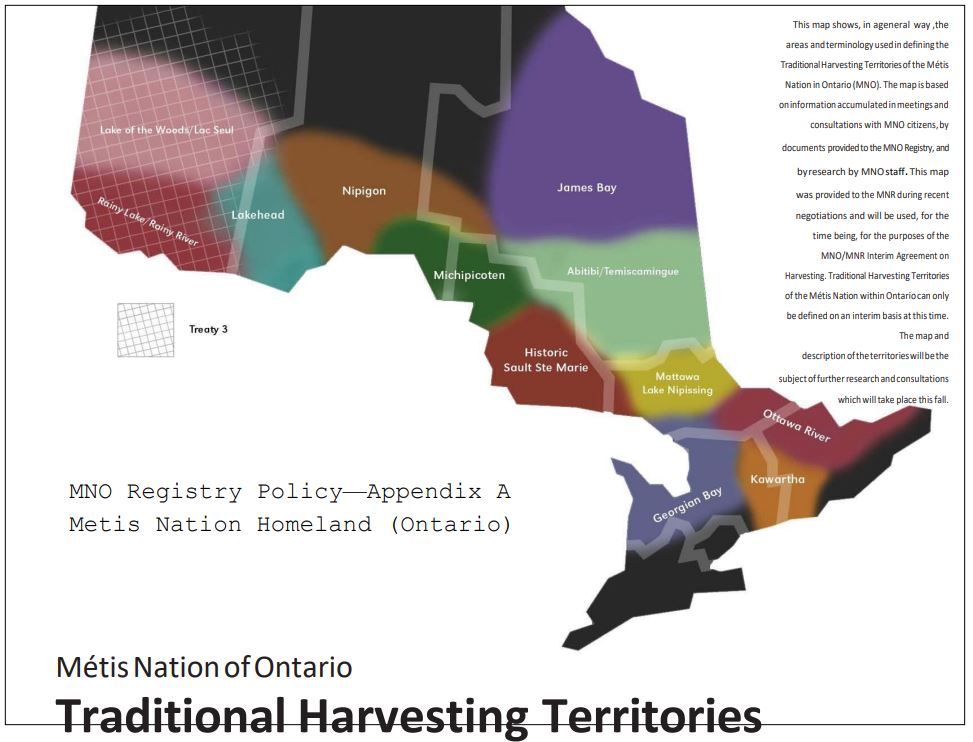 A map of Ontario details in colours traditional harvesting of the Metis Nation, from the Northwest to Ottawa.