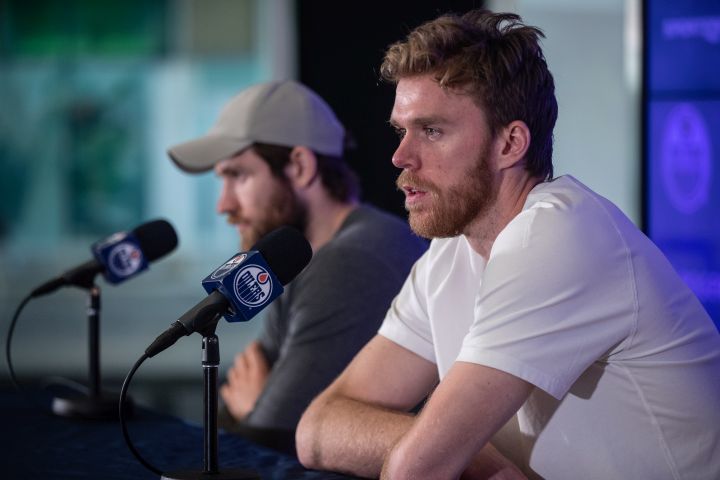 Edmonton Oilers' Leon Draisaitl (left) and Connor McDavid speak about the future of the Edmonton Oilers after the loss to the Vegas Golden Knights in the playoffs, in Edmonton on Tuesday May 16, 2023.THE CANADIAN PRESS/Jason Franson