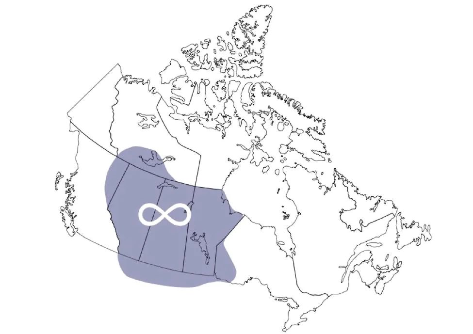 A map of Canada that shows in blue the Metis Nation Homeland. It stretches over the Prairies and includes a small amount of Northwestern Ontario.