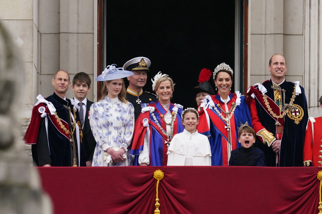 (left to right) the Duke of Edinburgh, the Earl of Wessex, Lady Louise Windsor, Vice Admiral Sir Tim Laurence ,the Duchess of Edinburgh, the Princess Royal, Princess Charlotte, the Princess of Wales, Prince Louis, the Prince of Wales on the balcony of Buckingham Palace, London, to view a flypast by aircraft. (Photo by Owen Humphreys/PA Images via Getty Images)