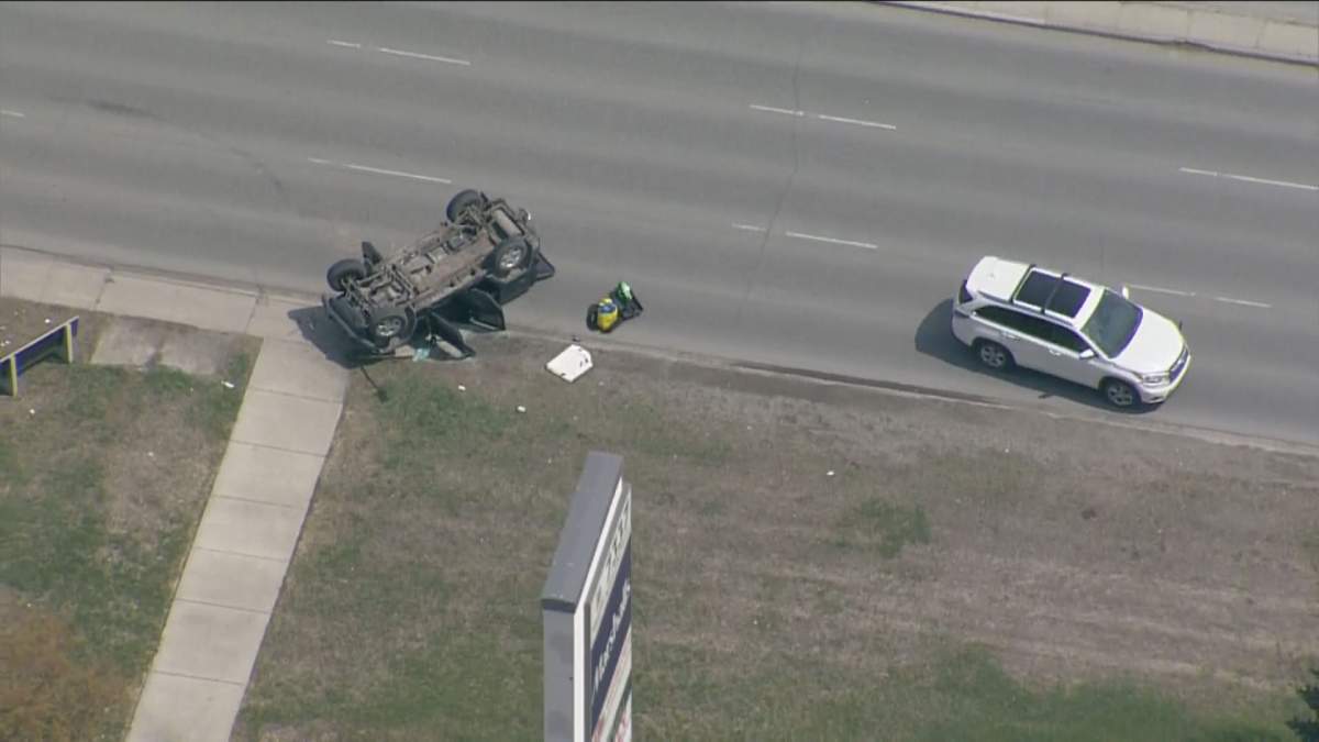 An overturned Jeep in the southbound lanes of Macleod Trail S., near 73rd Avenue, following a May 11 rollover.
