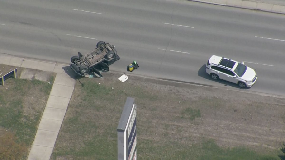 An overturned Jeep in the southbound lanes of Macleod Trail S., near 73rd Avenue, following a May 11 rollover.