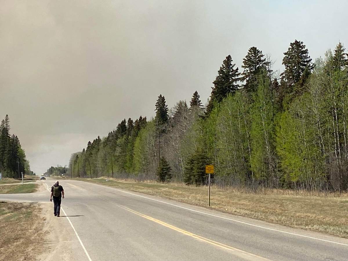 A wildfire burns near Drayton Valley, Alta., on Friday, May 5, 2023.