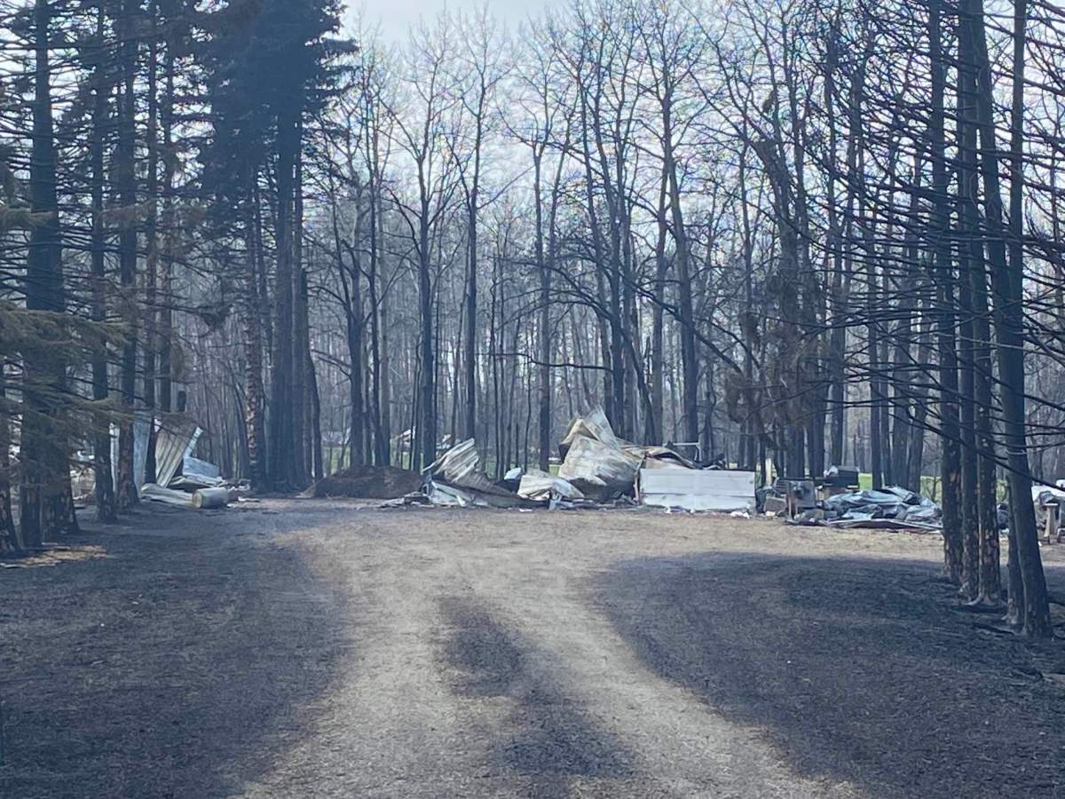 Farm south of Evansburg, Alta., on May 8, 2023, destroyed by fire.