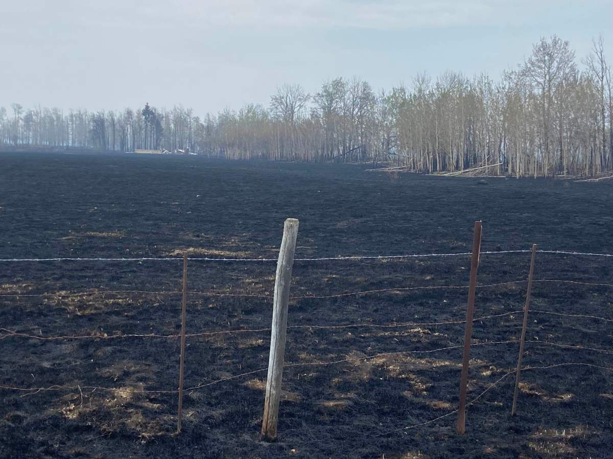 Farm south of Evansburg, Alta., on May 8, 2023, destroyed by fire.