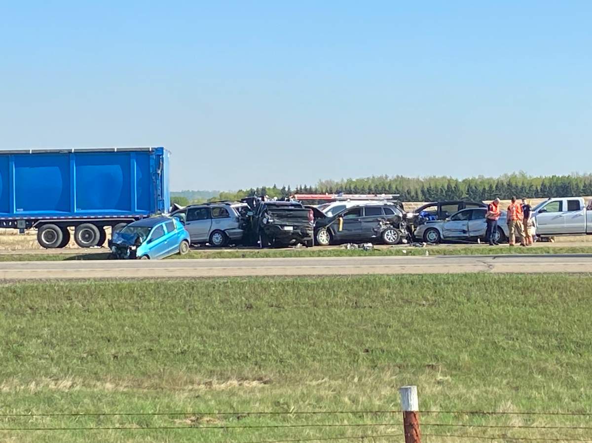 Strathcony County first responders on scene at several multi-vehicle collisions on Highway 21 east of Edmonton on Friday, May 12, 2023.
