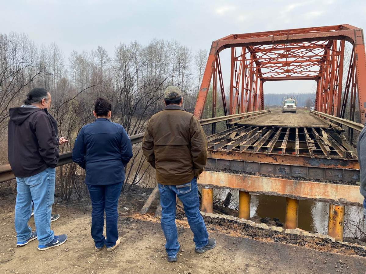 Part of a bridge was destroyed in a wildfire in East Prairie Métis Settlement in early May 2023.