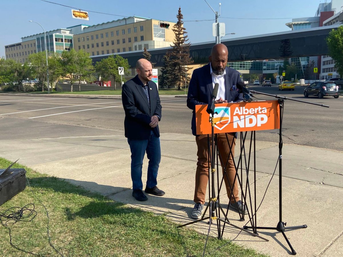 NDP announce further funding for health care initiatives across the street from the Royal Alexandra Hospital on May 17, 2023.