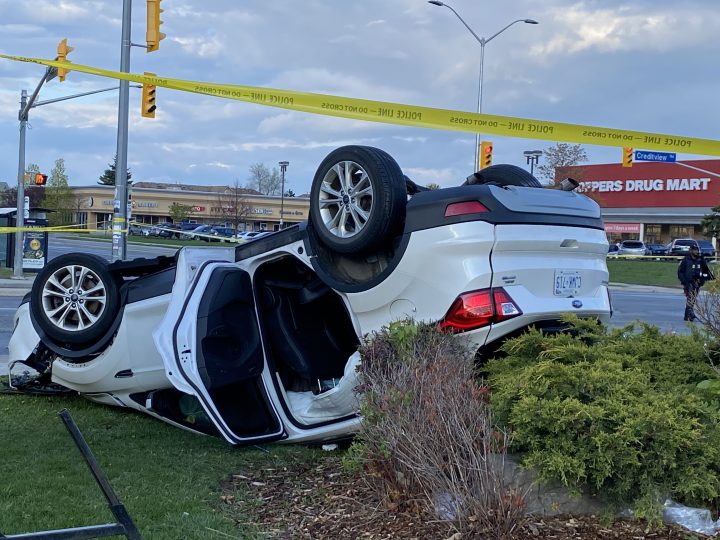 Police say two vehicles were involved in a collision in Mississauga, Ont., on May 1, 2023.