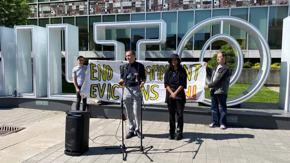 Housing advocates with ACORN Hamilton and the Hamilton Encampment Support Network (HESN) rallied out front of city hall Friday May 26, 2023 opposing addition of a 'registry for homelessness' as a potential encampment protocol.