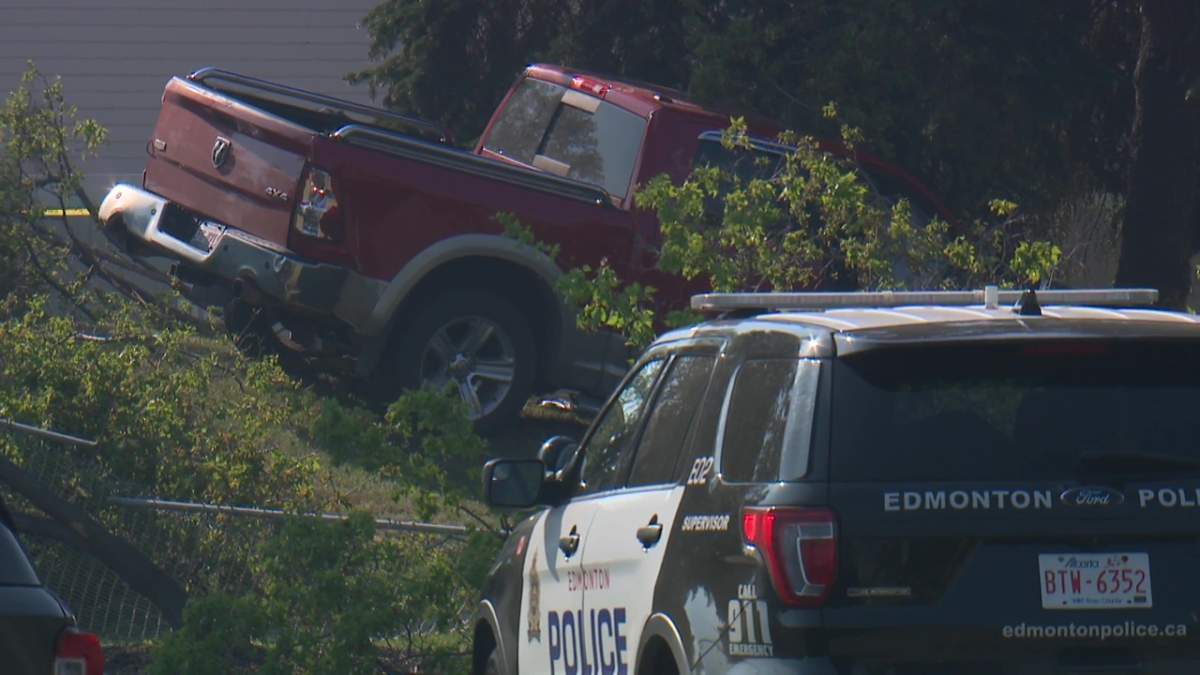 A Dodge Ram pickup truck crashed near 23 Avenue, between 64 and 66 streets in southeast Edmonton's Mill Woods area on May 17, 2023.
