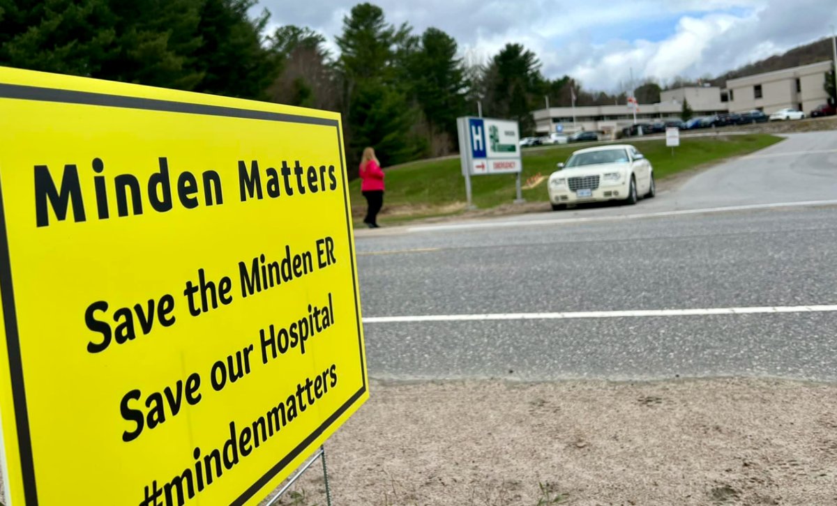 A "Minden Matters" sign across from the Haliburton Highlands Health Services hospital in Minden. Residents continue to fight the planned closure of the Minden ER on June 1.