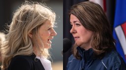 Left, Alberta NDP Leader Rachel Notley and right, Alberta UCP Leader Danielle Smith in May 2023.