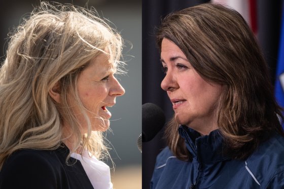 Left, Alberta NDP Leader Rachel Notley and right, Alberta UCP Leader Danielle Smith in May 2023.