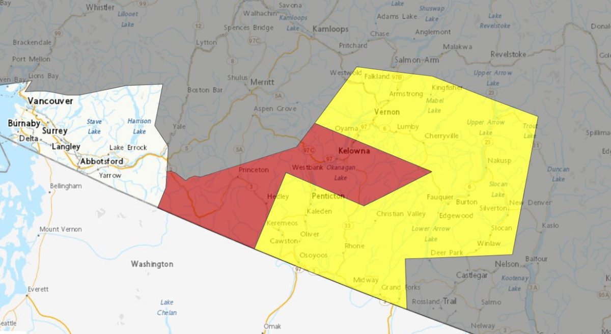 A map of B.C. showing areas under a severe thunderstorm warning (red), a severe thunderstorm watch (yellow) and a smoky skies bulletin (grey).