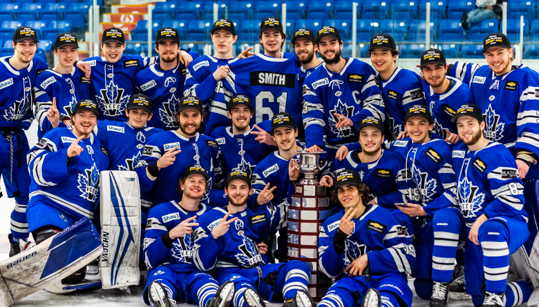 The Penticton Vees gather for a team photo after capturing the B.C. Hockey League championship in Port Alberni, B.C., on Wednesday, May 17, 2023.