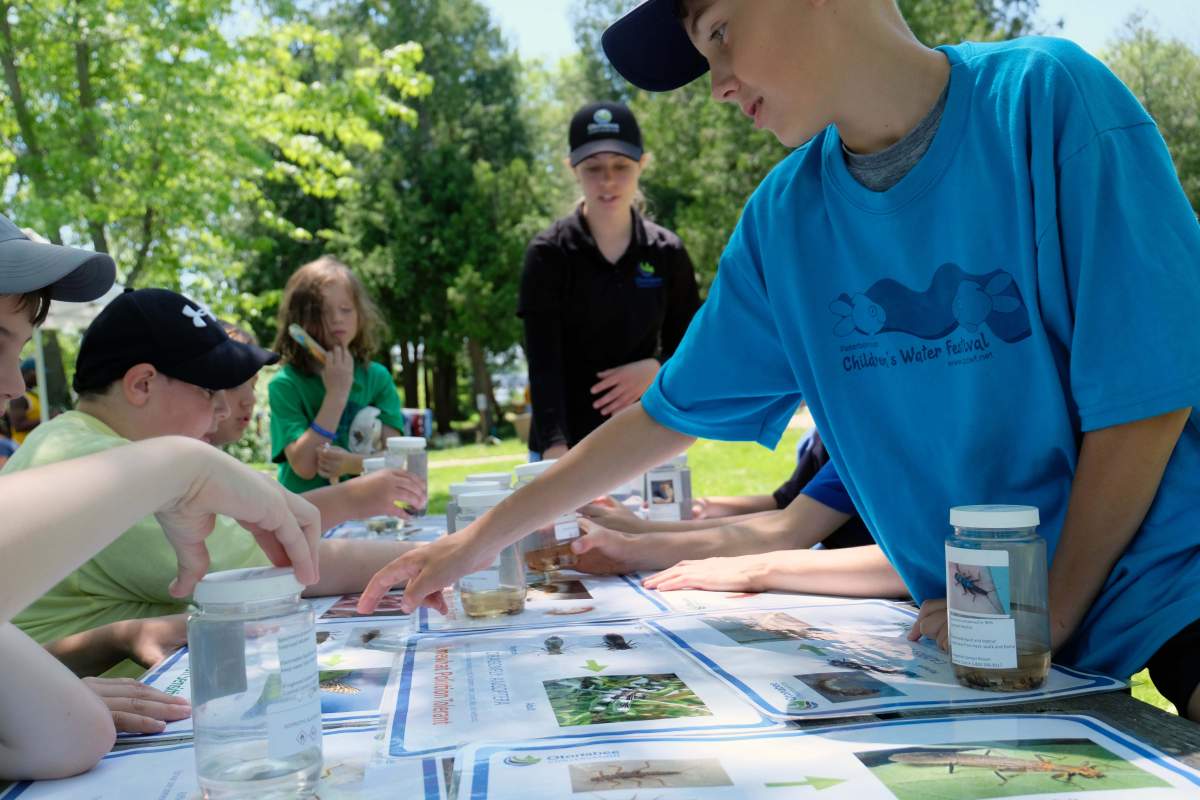 Elementary school students participate in the Sponge Bog Frog activity centre led by students from St. Peter Catholic Secondary School to teach students how pollutants can harm frogs.