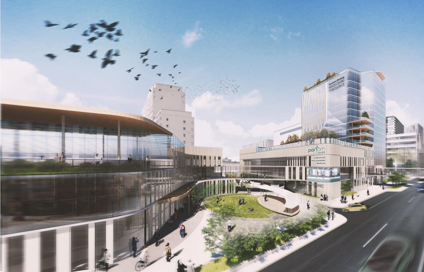 A rendering of the plans for Portage place show a fifteen-storey tower stretching above the current mall space. A new greenway cuts through the property, while more reimagined, multi-use building space can be seen to the left.