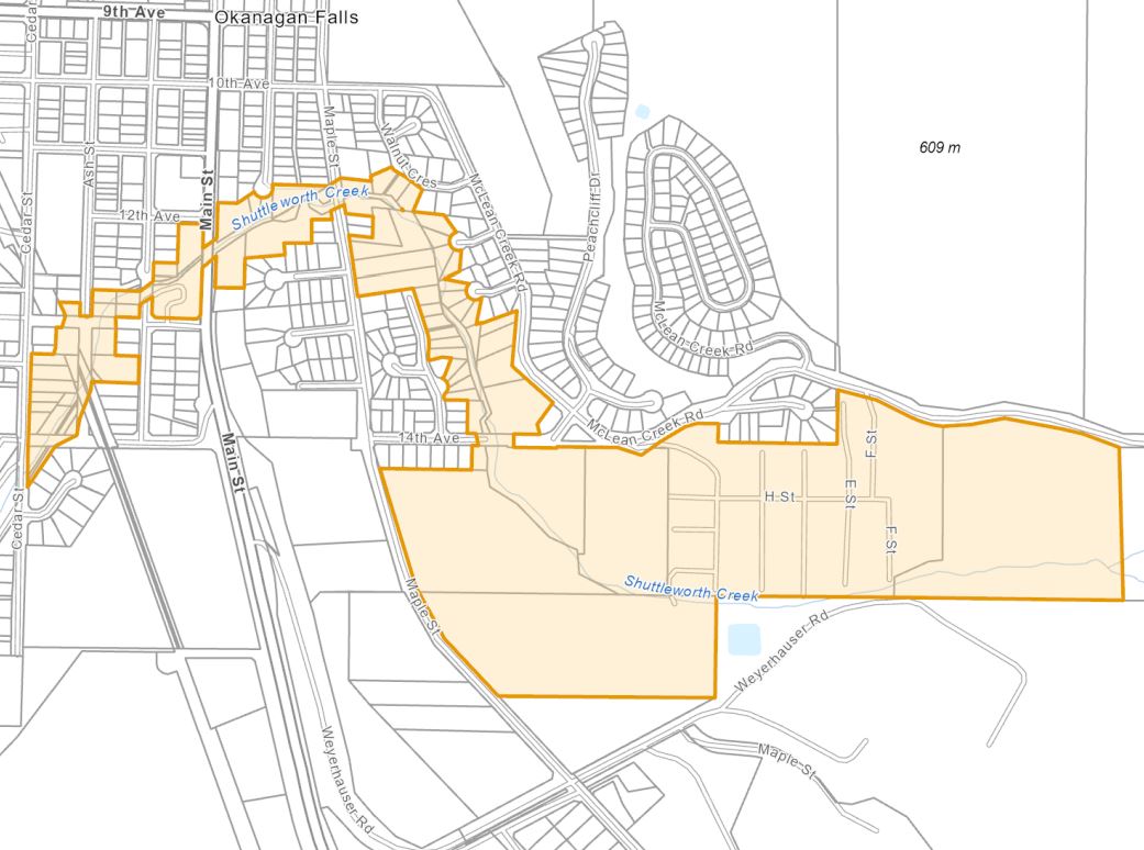 A map showing the evacuation alert issued for parts of Okanagan Falls on Friday, May 5, 2023.