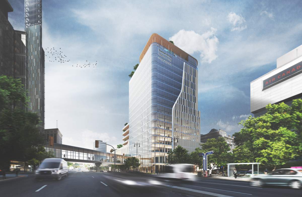 A southeast rendering of the Portage Place redevelopment with a look at the Downtown Winnipeg Health Centre for Excellence.