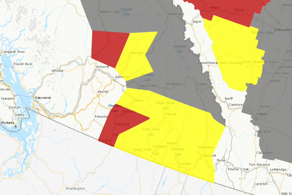 A map showing the location of a severe thunderstorm watch (yellow) and a severe thunderstorm warning (red) issued for B.C.’s Southern Interior on Sunday, May 21, 2023. Environment Canada.