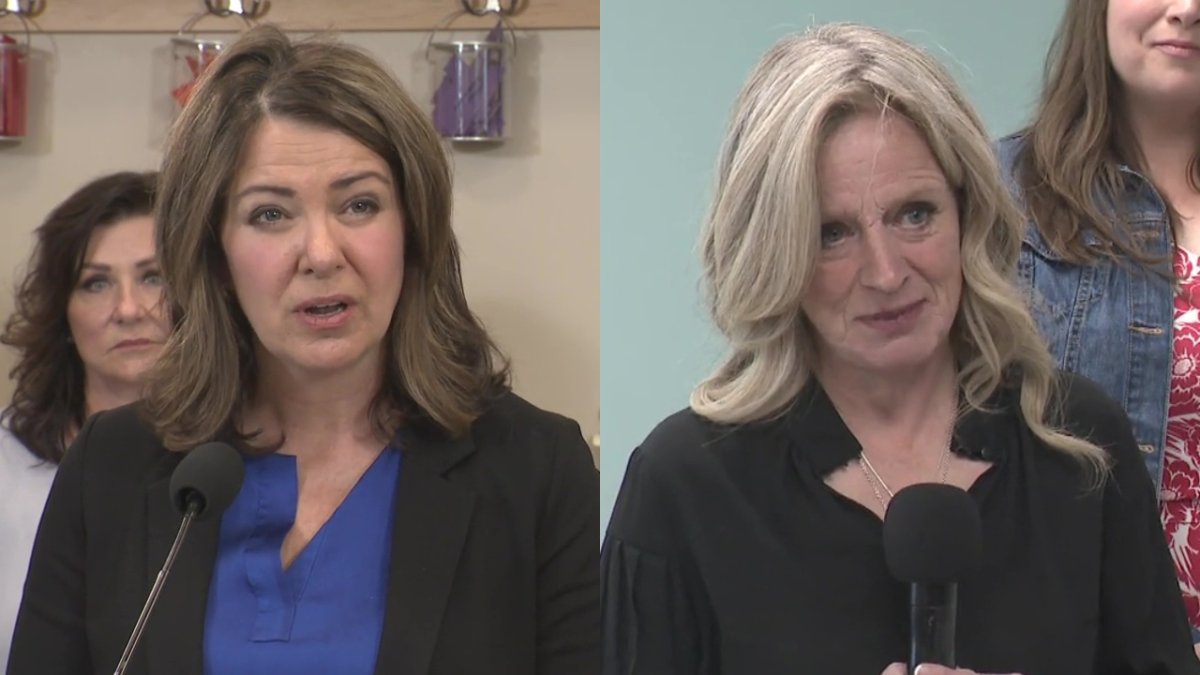 UCP leader Danielle Smith and Alberta NDP leader Rachel Notley on Saturday, May 13, 2023.