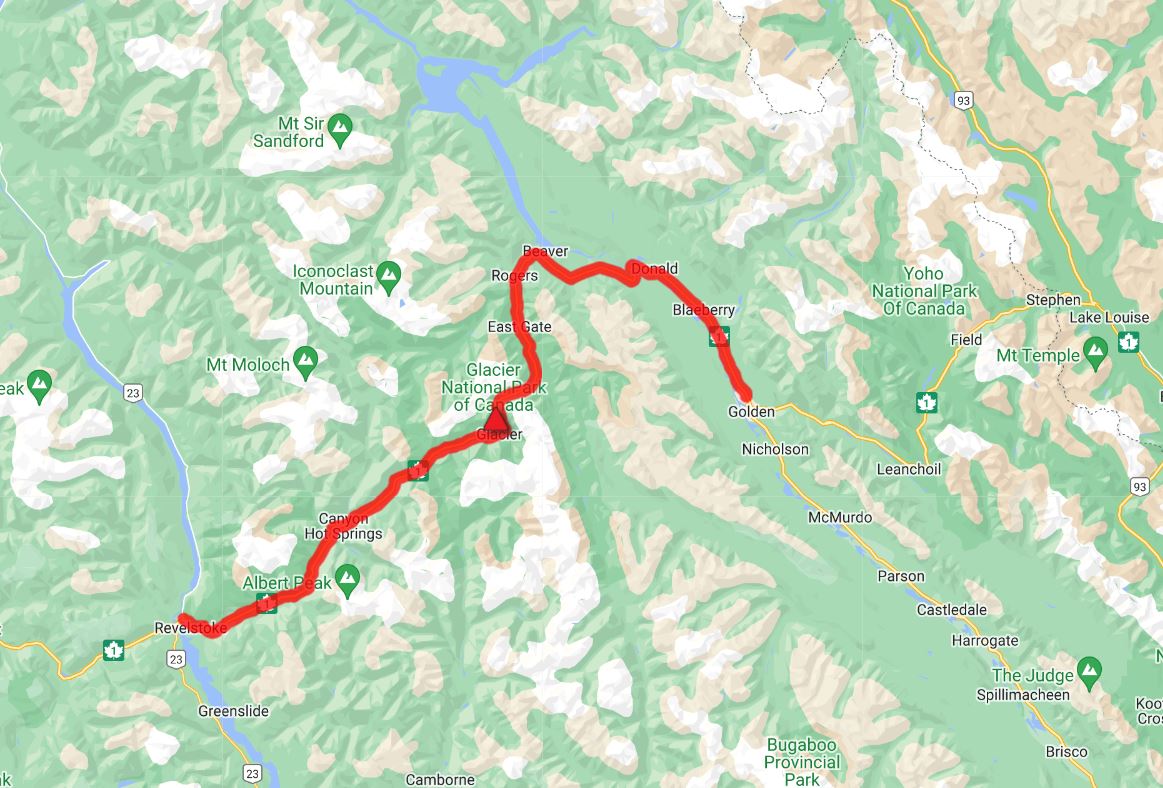 A map showing the approximate location of a vehicle incident between Revelstoke and Golden that has closed the Trans-Canada Highway in B.C.’s Interior.