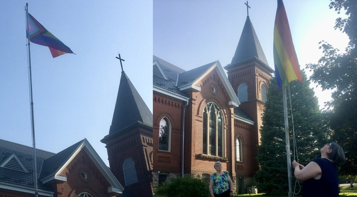 Two photos of a Pride flag raising outside Trinity United Church - on the left, the flag is raised and flying, and on the right, a woman is raising the flag up a flagpole.