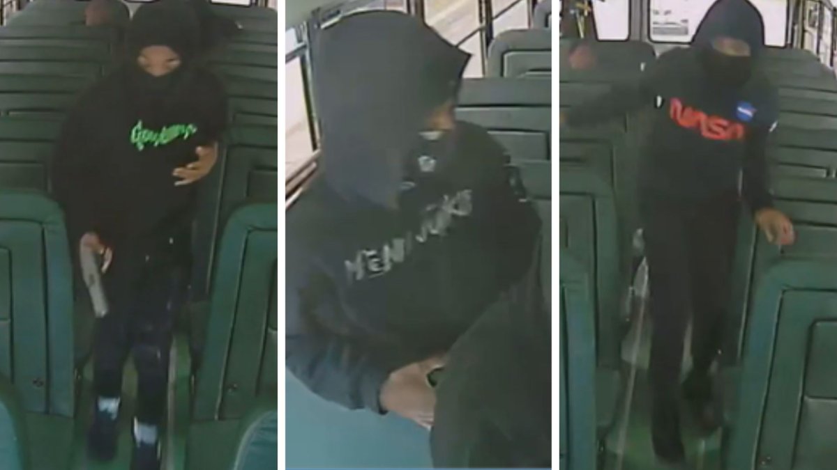 A split photo of three surveillance images of the masked attackers.