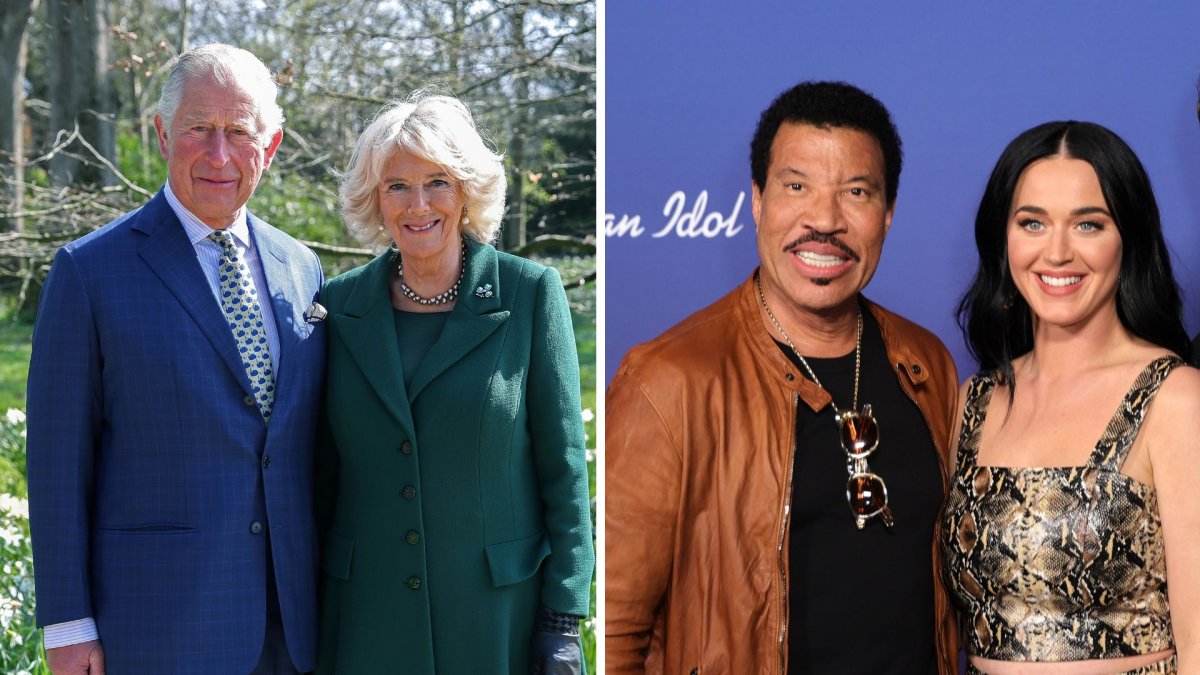 A split photo. On the left is King Charles and Queen Camilla. On the right is Lionel Ritchie and Katy Perry.