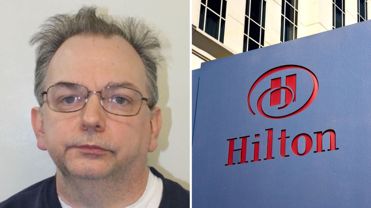 A split photo. On the left is David Neal's mugshot. On the right is a Hilton Hotel sign.