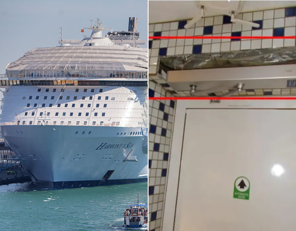 A hidden camera (R) was found in a public bathroom aboard the Harmony of the Sea (L) cruise ship.