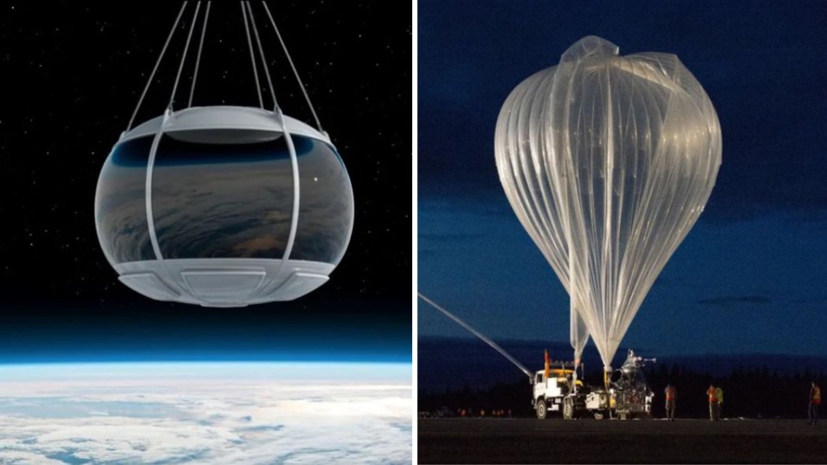 A split photo. On the left is the Zephalto capsule. On the right is the Zephalto balloon,