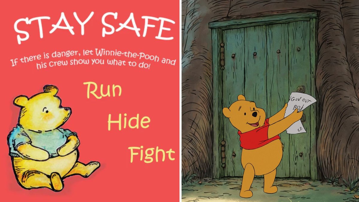 A split image. On the left is the cover of 'Stay Safe.' On the right is Winnie-the-Pooh.