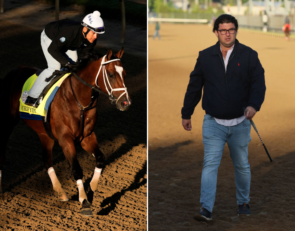 Right: Kentucky Derby hopeful Verifying working out at Churchill Downs. Left: Saffie Joseph Jr., a horserace trainer who has been suspended by Churchill Downs after the mysterious deaths of two of his horses.