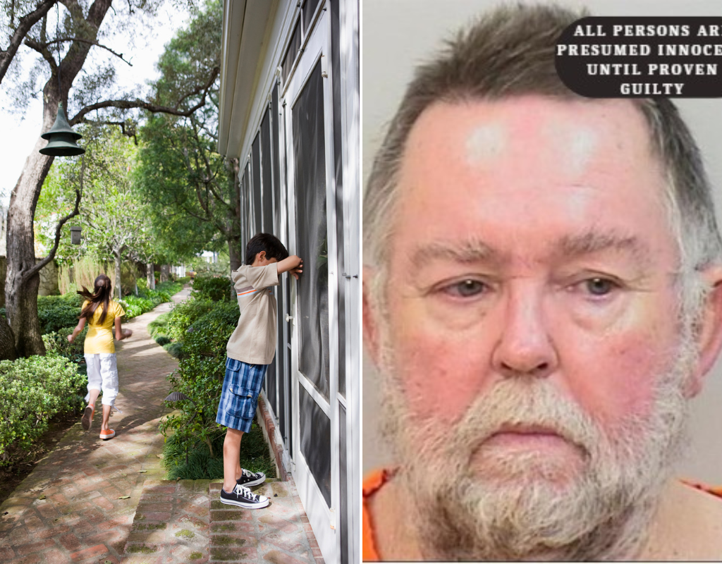 Right: Mugshot of David Doyle, 58, provided by the Calcasieu Parish Sheriff's Office. Left: file photo of children playing hide and seek.