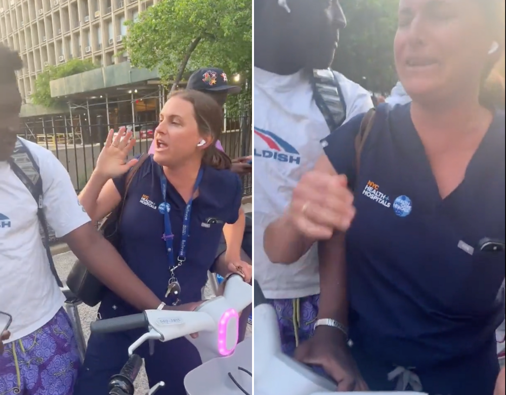 Screengrabs from a viral Twitter video that appears to show a woman trying to take a Citi Bike from a Black man in New York City. The woman's lawyer claims she has receipts that prove she rented the bike first.