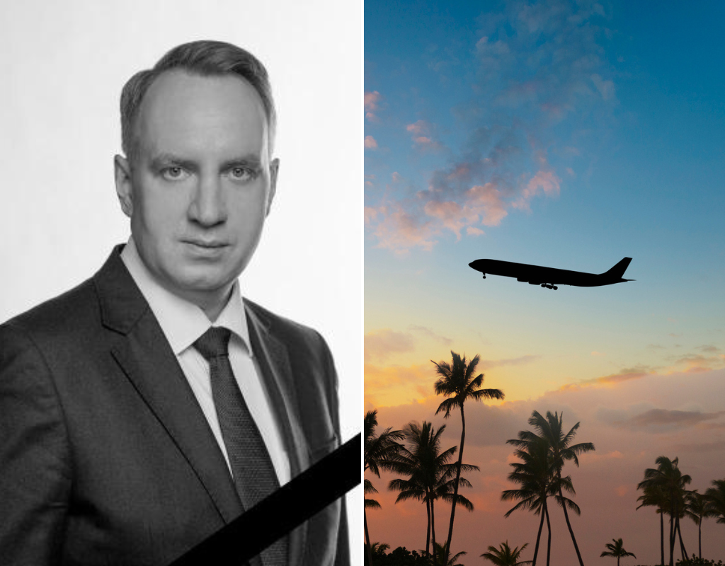 Portrait of Pyotr Kucherenko, a Russian deputy minister who died of unknown causes on May 20, 2023 (L). Photo of plane flying above palm trees (R).