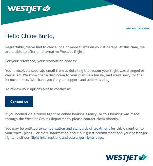 Email from West Jet to customers regarding cancelled flights.